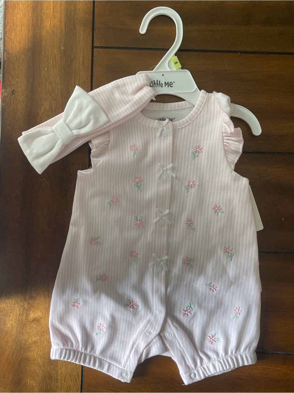 Little Me Pink Floral Striped Baby Romper with Headband